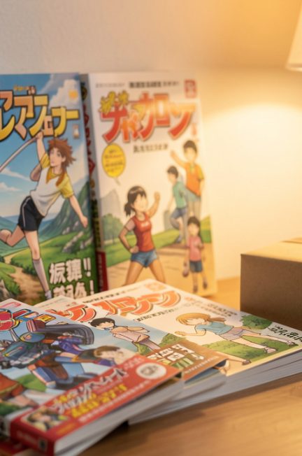 Sélection de mangas aux couvertures colorées et cadeau emballé, présentés dans une ambiance chaleureuse pour offrir à un adolescent.