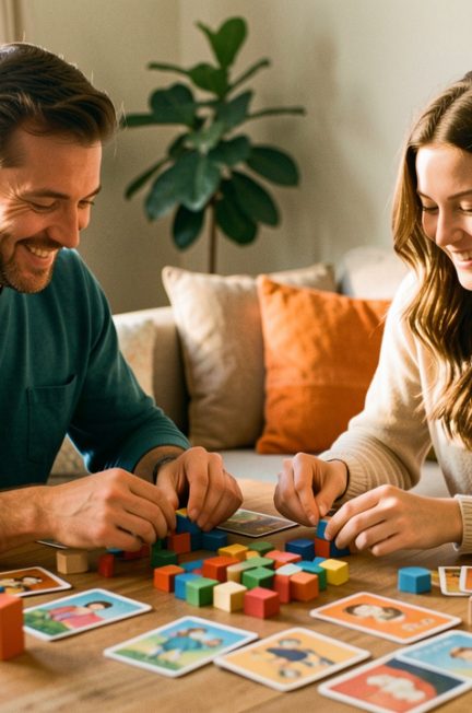 Un homme et une femme découvrent ensemble un jeu de société coopératif coloré dans un salon chaleureux.