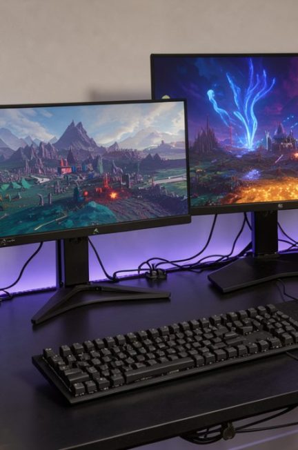 Bureau gaming moderne avec trois écrans de performances différentes, un ordinateur puissant et des accessoires éclairés par des lumières bleues et violettes.
