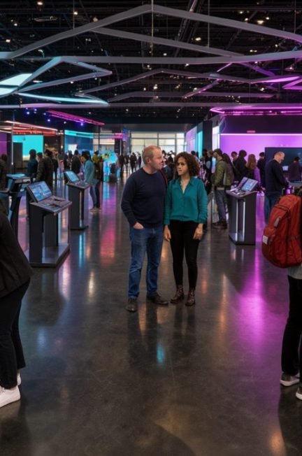 Vue immersive d’un grand salon de jeu vidéo moderne à Paris, avec des allées lumineuses et des visiteurs découvrant des bornes de démonstration.