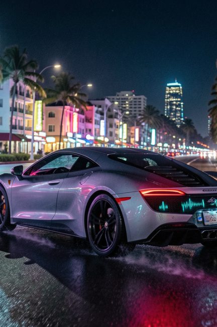 Vue nocturne réaliste d’une voiture sportive roulant sur un boulevard côtier bordé de palmiers et d’architectures éclairées au néon, avec des reflets colorés sur la chaussée et une interface radio abstraite sans caractères lisibles.